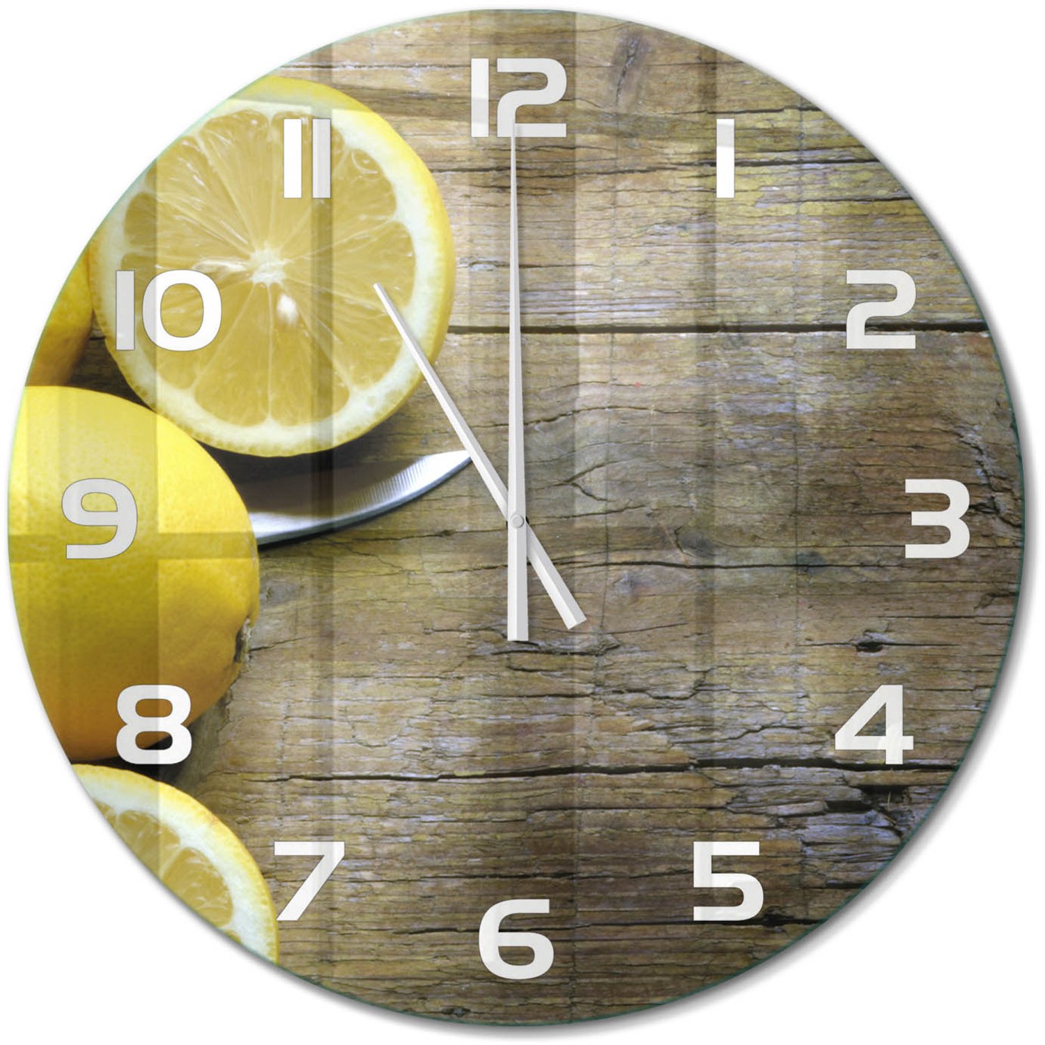 TULUP Wandklok - Citroenen op hout Klok Glas Met Opdruk - fi60 cm - Geel Moderne Wandklok Glas - Witte handen - Ronde Klok - Decoratieve Glazen Klok - Glazen Wandklok Design