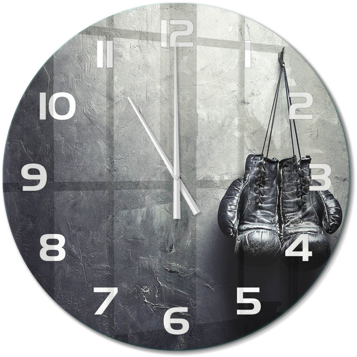 TULUP Wandklok - Bokshandschoenen Wandklok Glas Decoratie - fi60 cm - Zwart-wit Gekleurde Glazen Klok - Witte handen - Ronde Klok - Klok Glas Met Opdruk - Moderne Wandklok Glas