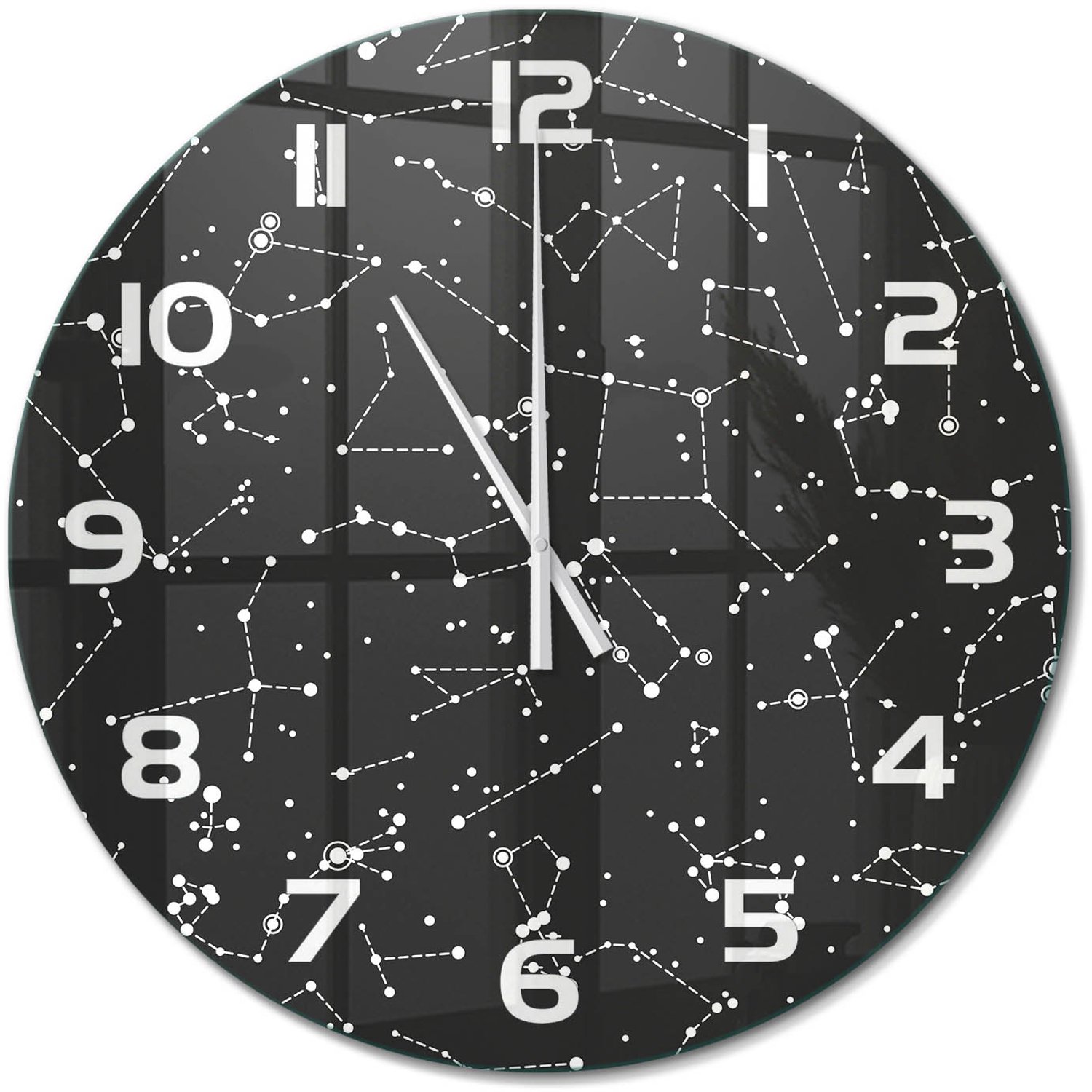 TULUP Wandklok - Sterrenbeeld Decoratieve Glazen Klok - fi60 cm - Zwart-wit Glazen Wandklok Design - Witte handen - Ronde Klok - Glazen Klok Met Print - Wandklok Glas Met Motief
