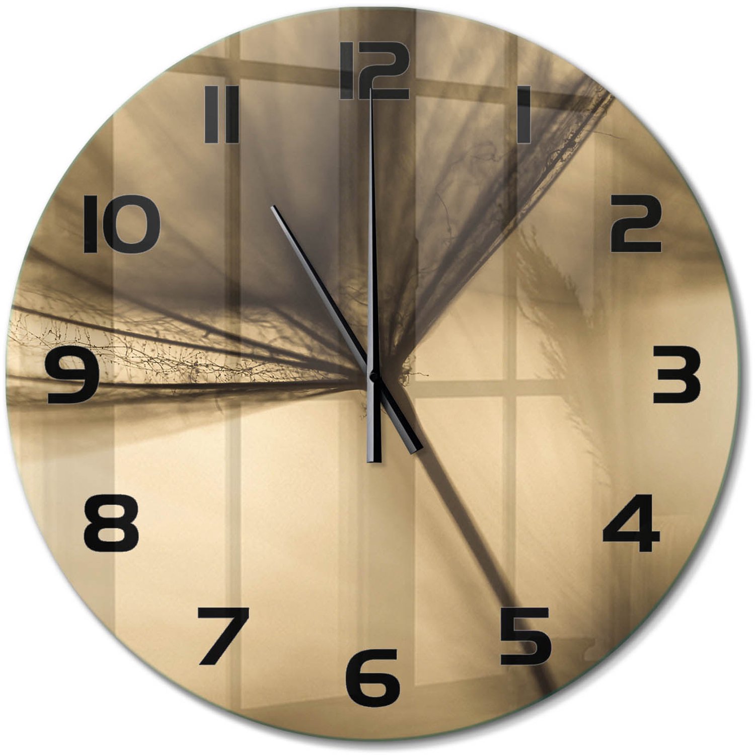 TULUP Wandklok - Paardebloem Wandklok Glas Decoratie - fi60 cm - Beige Gekleurde Glazen Klok - Zwarte handen - Ronde Klok - Klok Glas Met Opdruk - Moderne Wandklok Glas