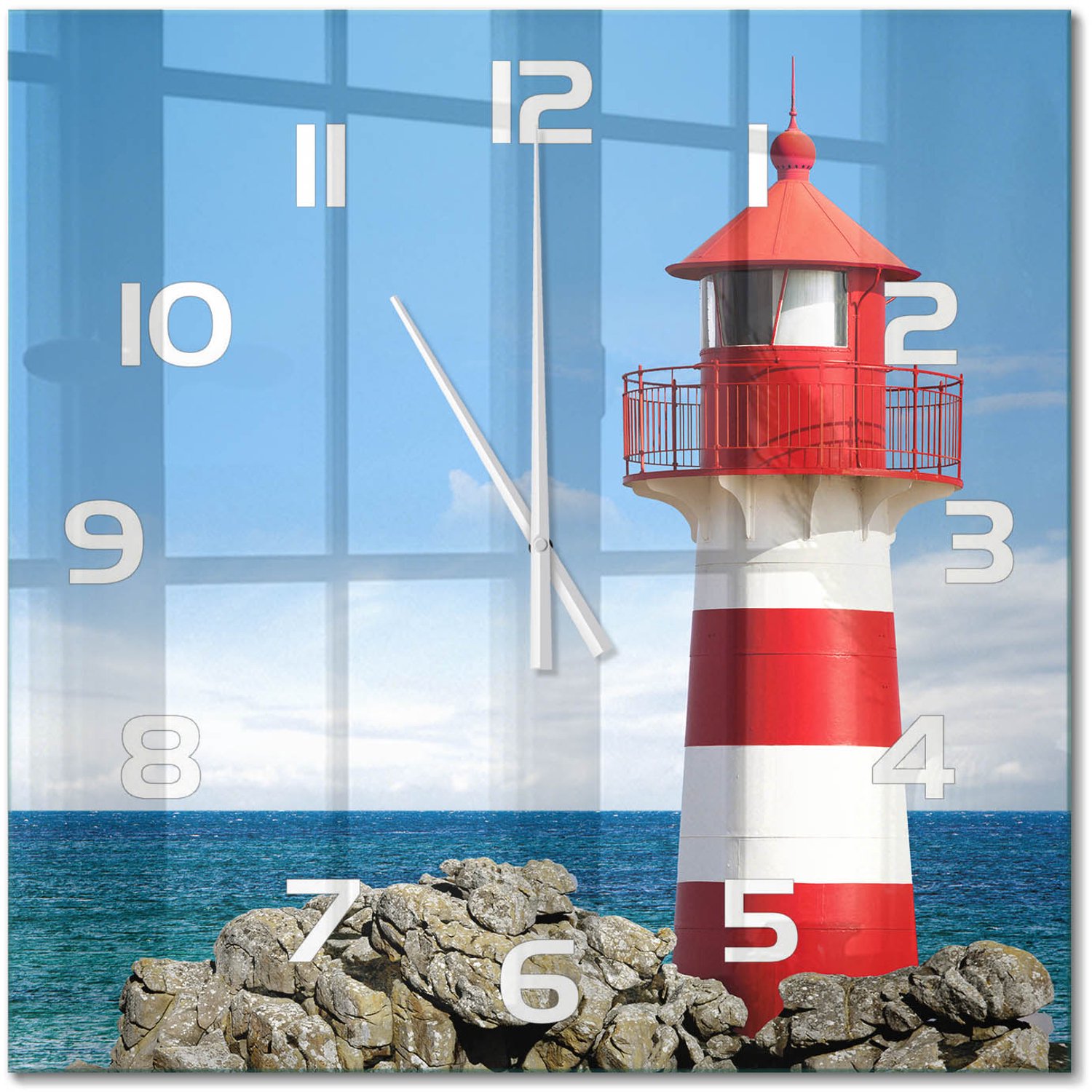 TULUP Wandklok - Vuurtoren Gekleurde Glazen Klok - 60x60 cm - Rood Glazen Klok Met Print - Witte handen - Vierkante Klok - Moderne Wandklok Glas - Wandklok Glas Decoratie