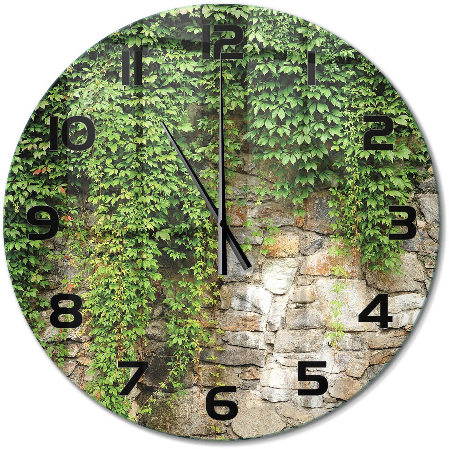 TULUP Wandklok - Groene klimop Klok Glas Met Opdruk - fi60 cm - Groente Moderne Wandklok Glas - Zwarte handen - Ronde Klok - Decoratieve Glazen Klok - Glazen Wandklok Design