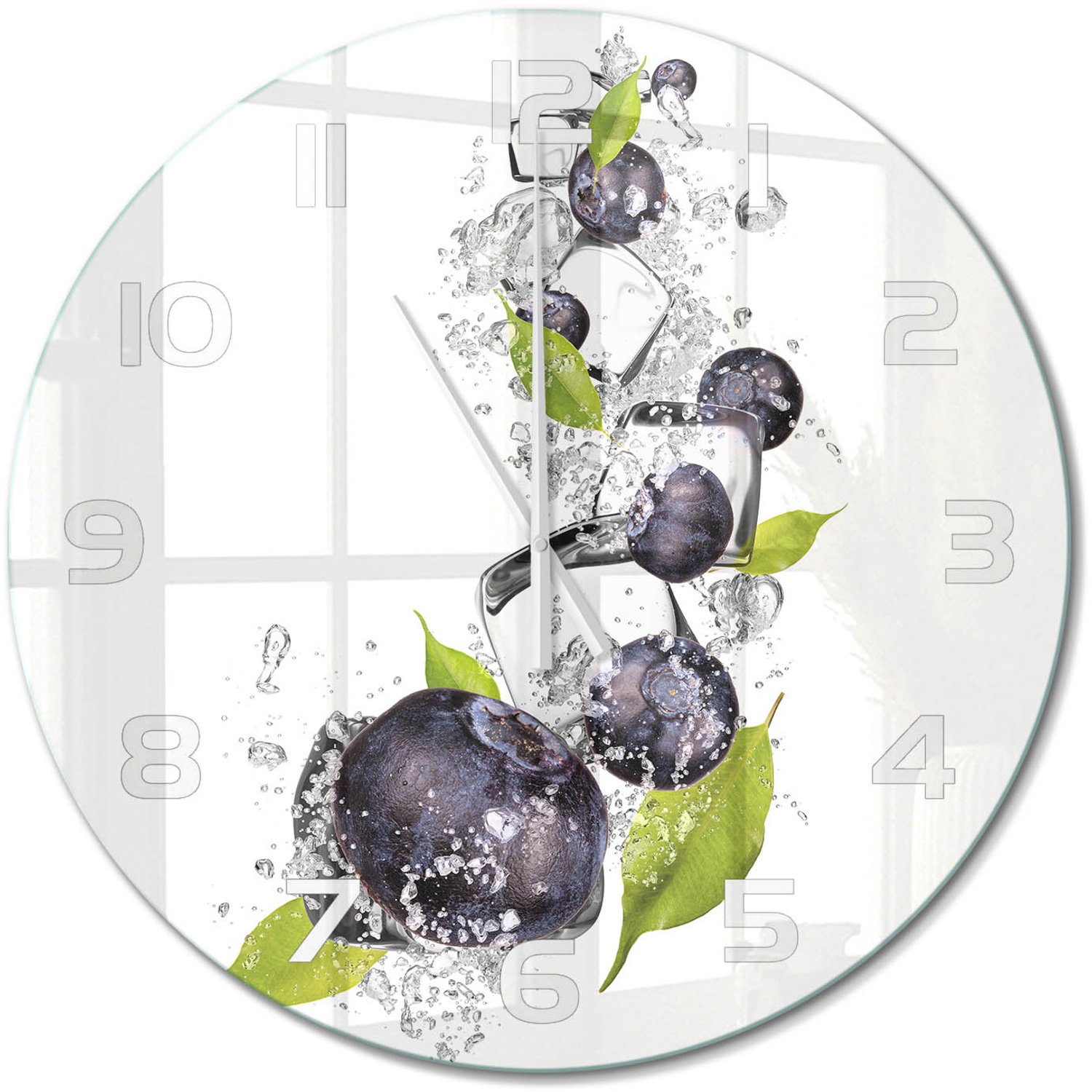TULUP Wandklok - Bosbessen met ijs Wandklok Glas Decoratie - fi60 cm - Zwart Gekleurde Glazen Klok - Witte handen - Ronde Klok - Klok Glas Met Opdruk - Moderne Wandklok Glas