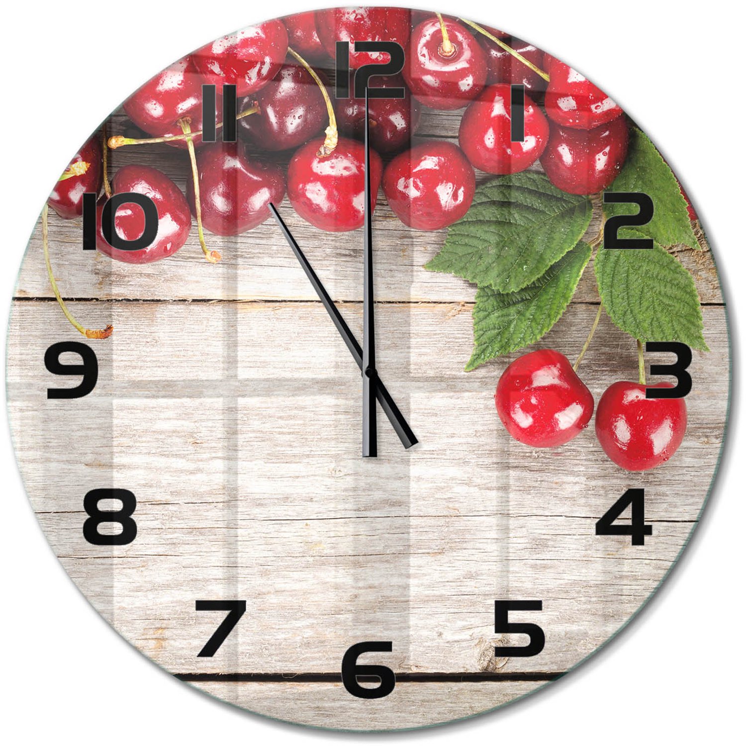 TULUP Wandklok - Kersen op hout Wandklok Glas Decoratie - fi60 cm - Rood Gekleurde Glazen Klok - Zwarte handen - Ronde Klok - Klok Glas Met Opdruk - Moderne Wandklok Glas