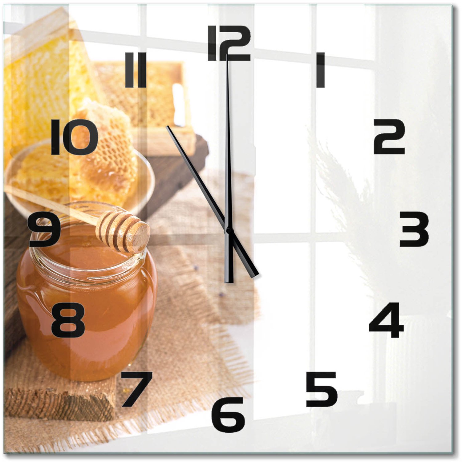 TULUP Wandklok - Honing Wandklok Glas Met Motief - 60x60 cm - Geel Decoratieve Glazen Klok - Zwarte handen - Vierkante Klok - Gekleurde Glazen Klok - Glazen Klok Met Print