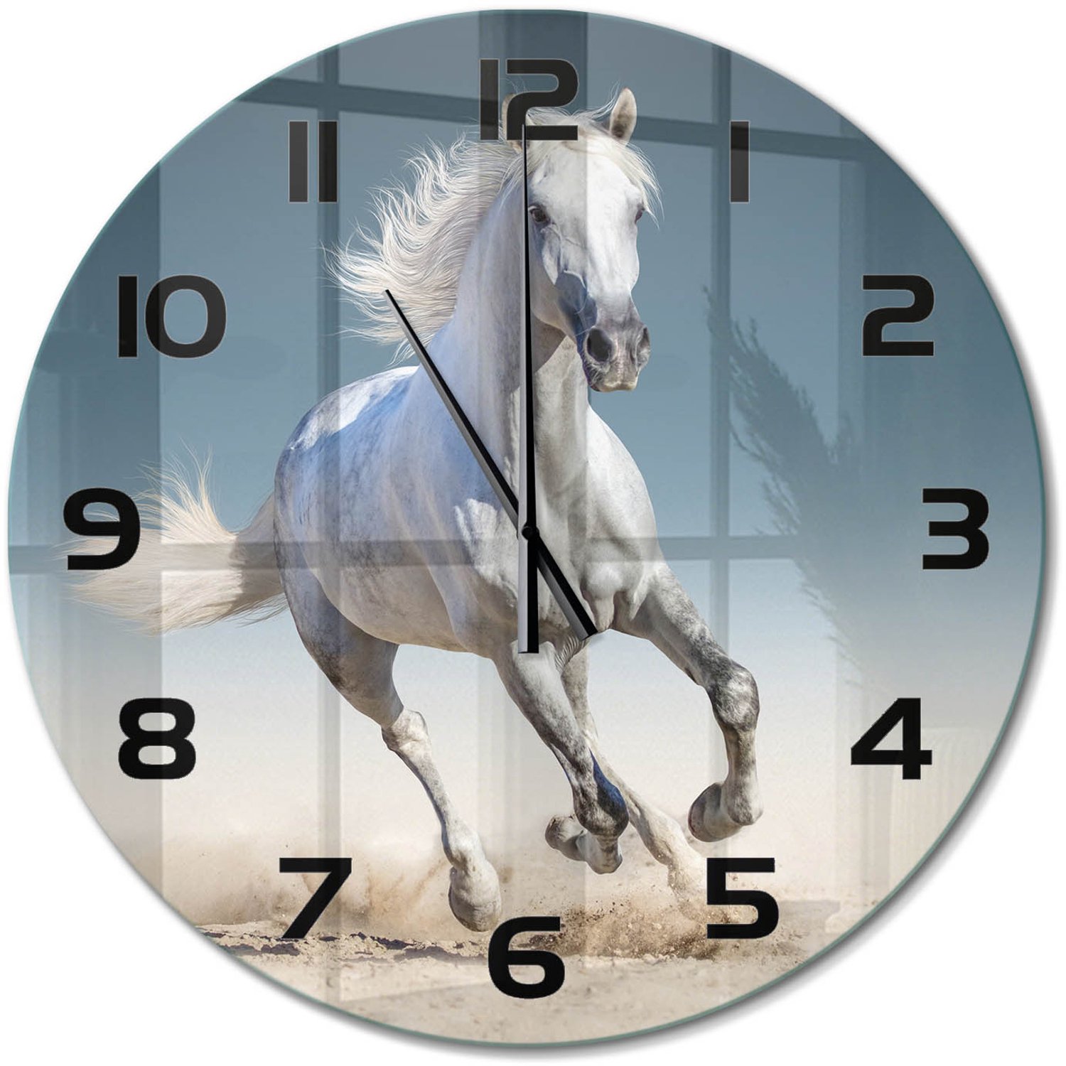 TULUP Wandklok - Galopperend grijs paard Gekleurde Glazen Klok - fi60 cm - Wit Glazen Klok Met Print - Zwarte handen - Ronde Klok - Moderne Wandklok Glas - Wandklok Glas Decoratie