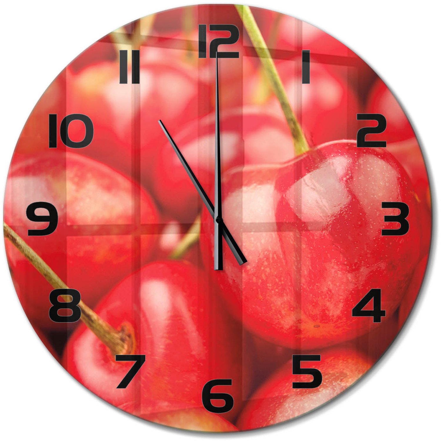 TULUP Wandklok - Kers Glazen Wandklok Design - fi60 cm - Rood Klok Glas Met Opdruk - Zwarte handen - Ronde Klok - Wandklok Glas Met Motief - Decoratieve Glazen Klok