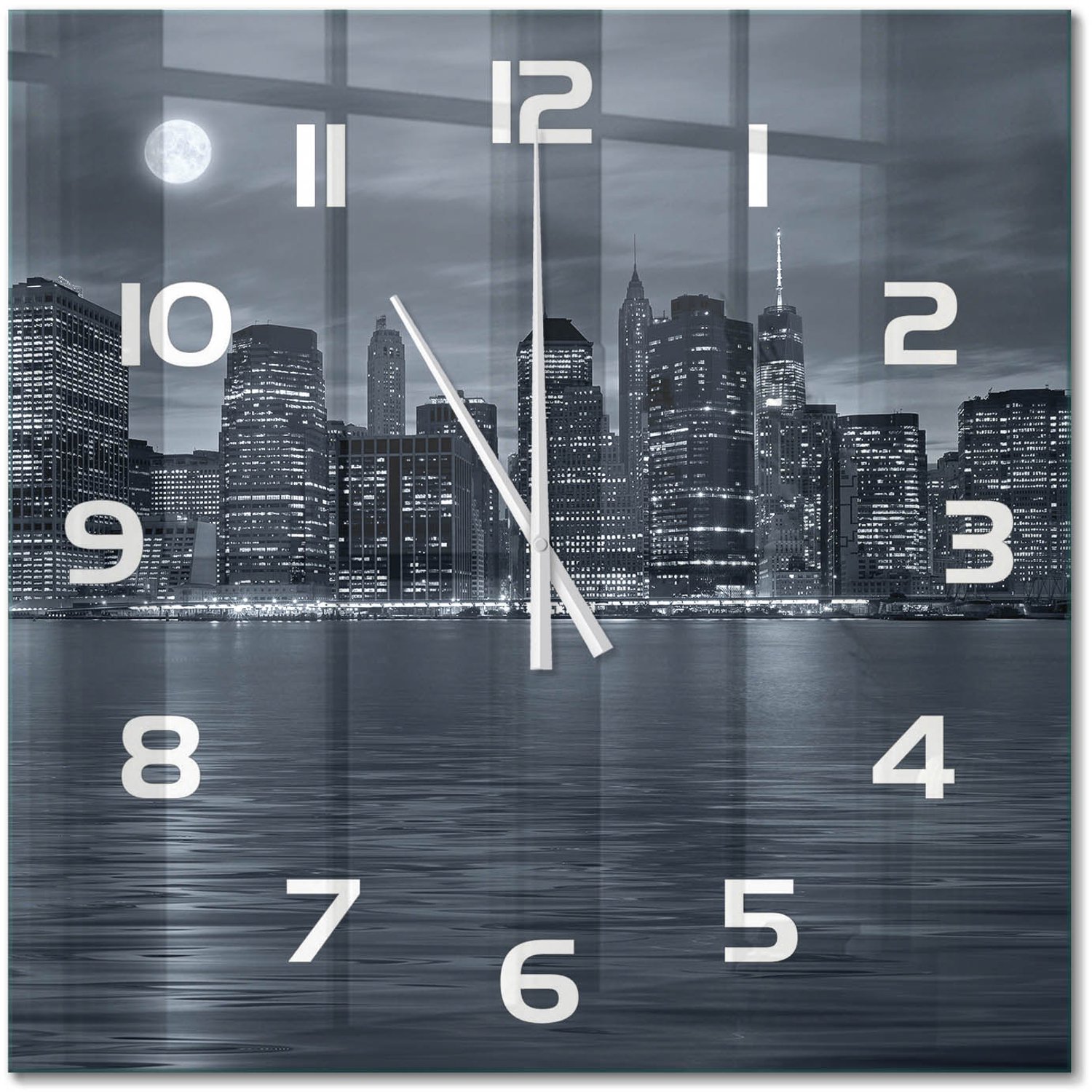 TULUP Wandklok - New York 's nachts Moderne Wandklok Glas - 60x60 cm - Zwart-wit Wandklok Glas Decoratie - Witte handen - Vierkante Klok - Glazen Wandklok Design - Klok Glas Met Opdruk