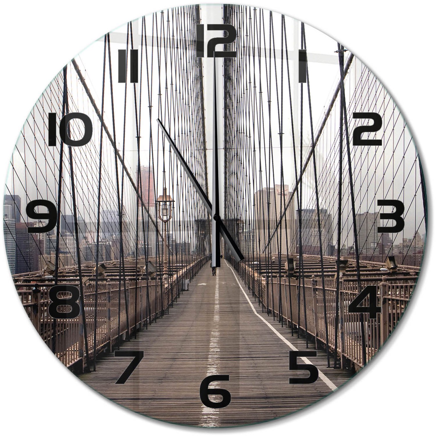 TULUP Wandklok - Brooklynbrug Moderne Wandklok Glas - fi60 cm - Bruin Wandklok Glas Decoratie - Zwarte handen - Ronde Klok - Glazen Wandklok Design - Klok Glas Met Opdruk
