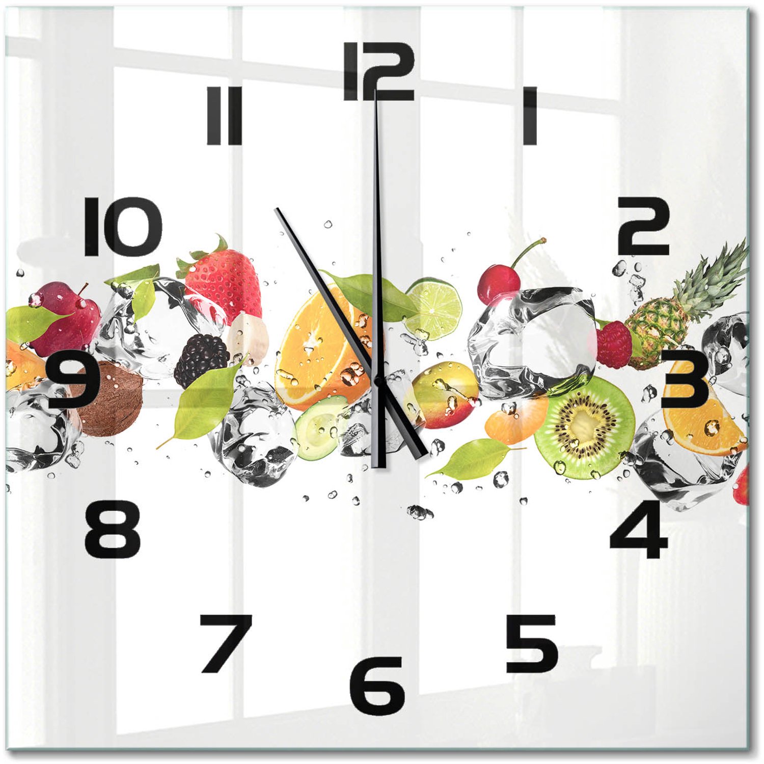 TULUP Wandklok - Fruit en water Gekleurde Glazen Klok - 60x60 cm - Veelkleurig Glazen Klok Met Print - Zwarte handen - Vierkante Klok - Moderne Wandklok Glas - Wandklok Glas Decoratie