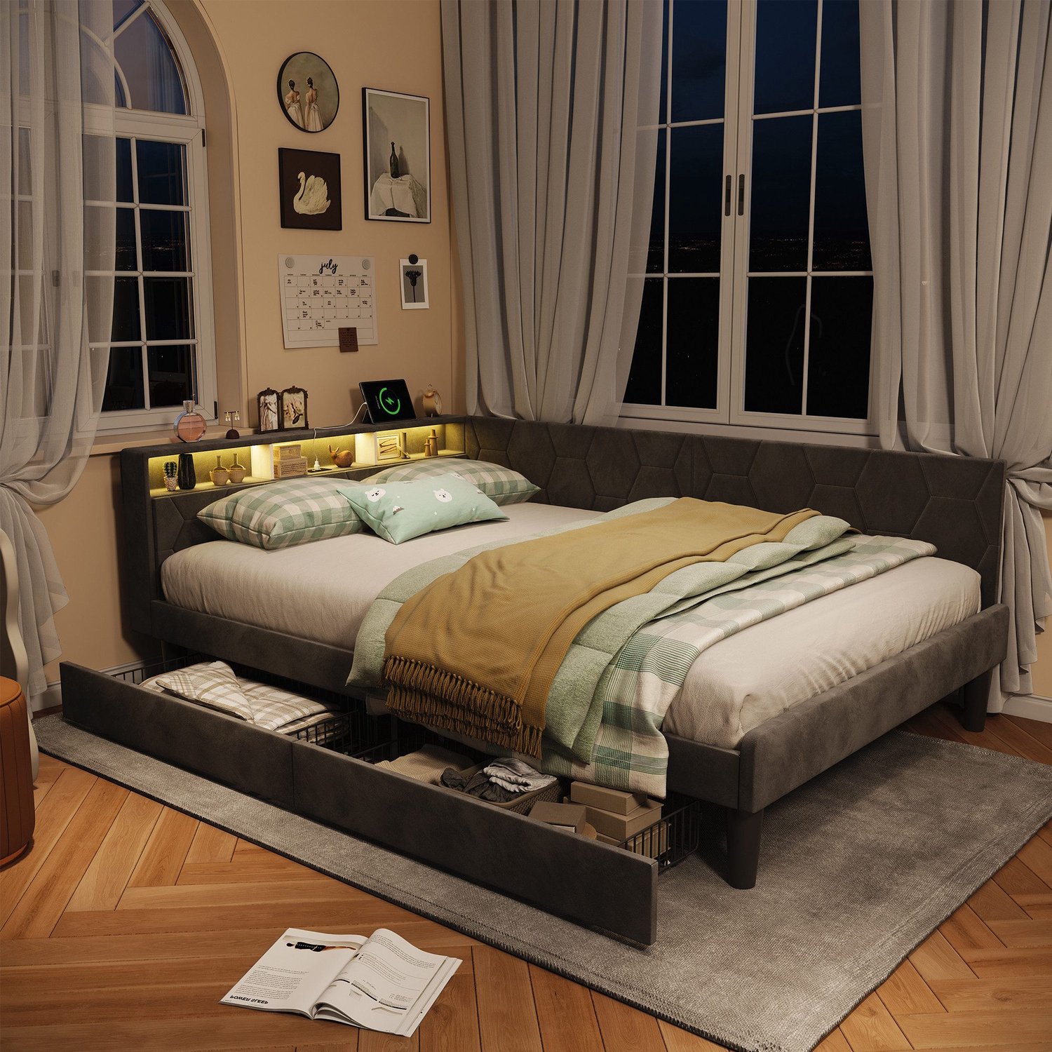 Mofor Gestoffeerd Opbergbed 140x200 cm - LED - Tweepersoonsbed Met Laden, USB En Leeslamp- Hout - Modern - grijs