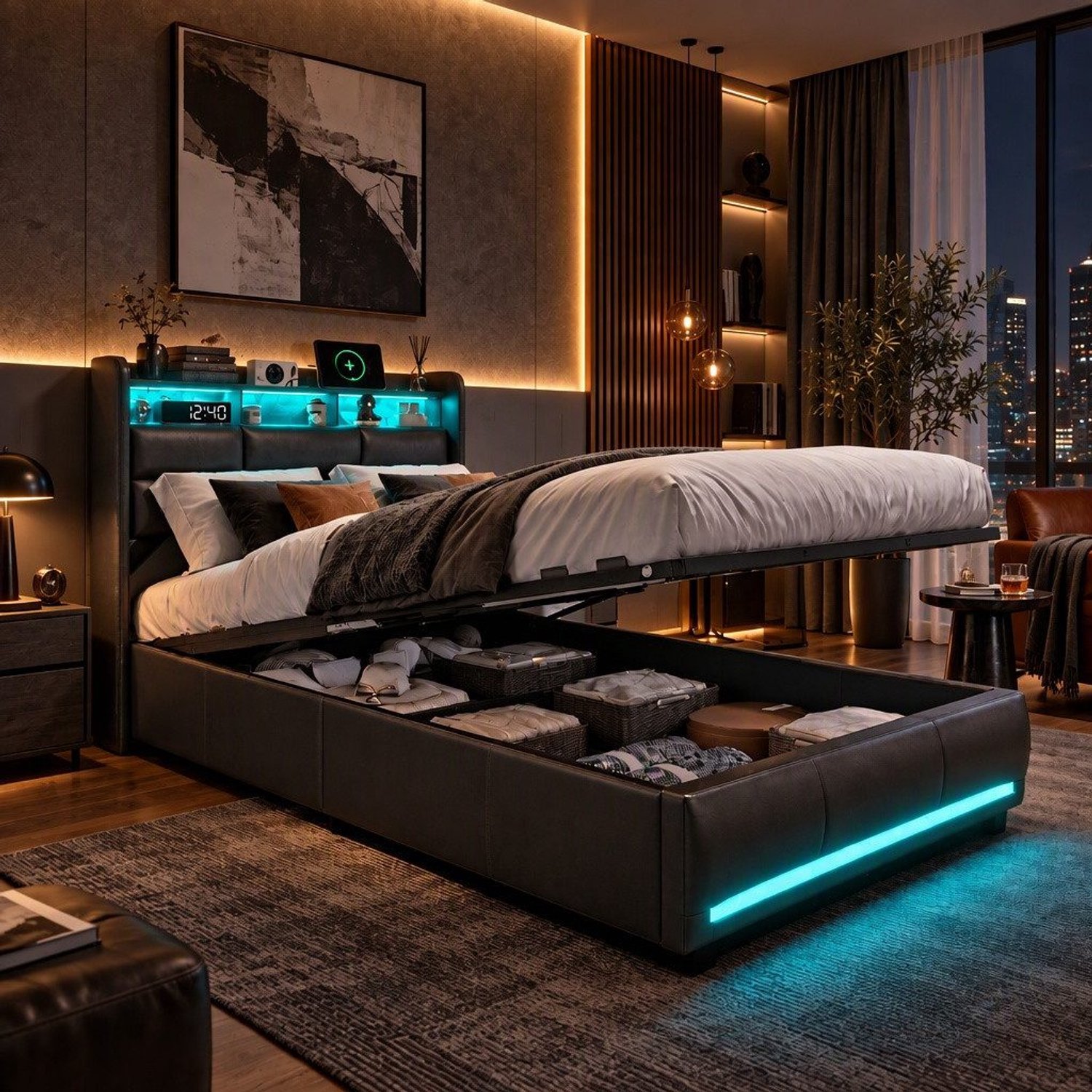 Mofor Gestoffeerd Opbergbed 90x200 cm - eenpersoonsbed met LED en USB - Hydraulische opbergruimte - Modern - Beige zwart
