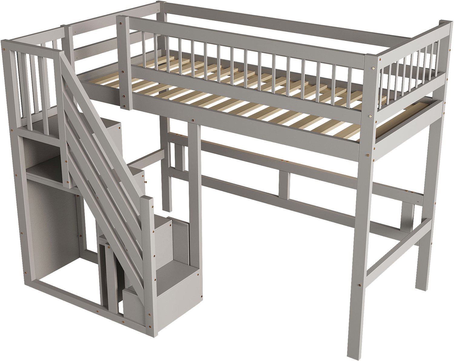 MUVANO Hoogslaper - Massief houten kinderbed 90 x 200 cm - Eenpersoonsbed met opbergtrap - Lattenbodem en omheining - Voor de kinderkamer - Grijs