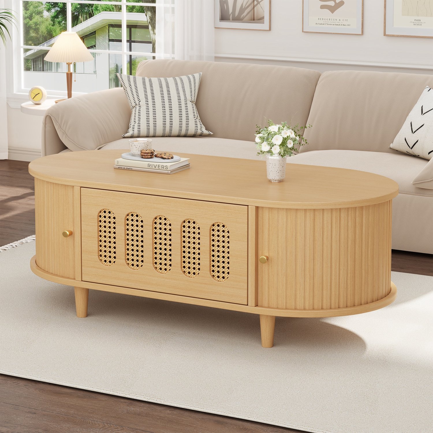 Sweiko Salontafel - Met lade - Schuifdeuren - Houten poten - 100 × 50 × 40 cm - Natuurlijke