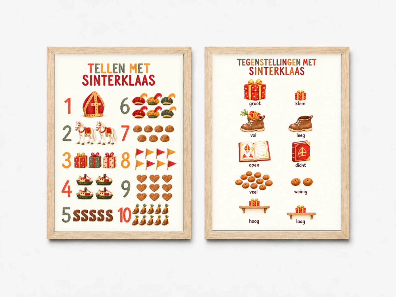 Joshimo Sinterklaas Posters Tweeluik | Tellen en Tegenstellingen | Inclusief 2 Lichtbruine A4 Lijsten