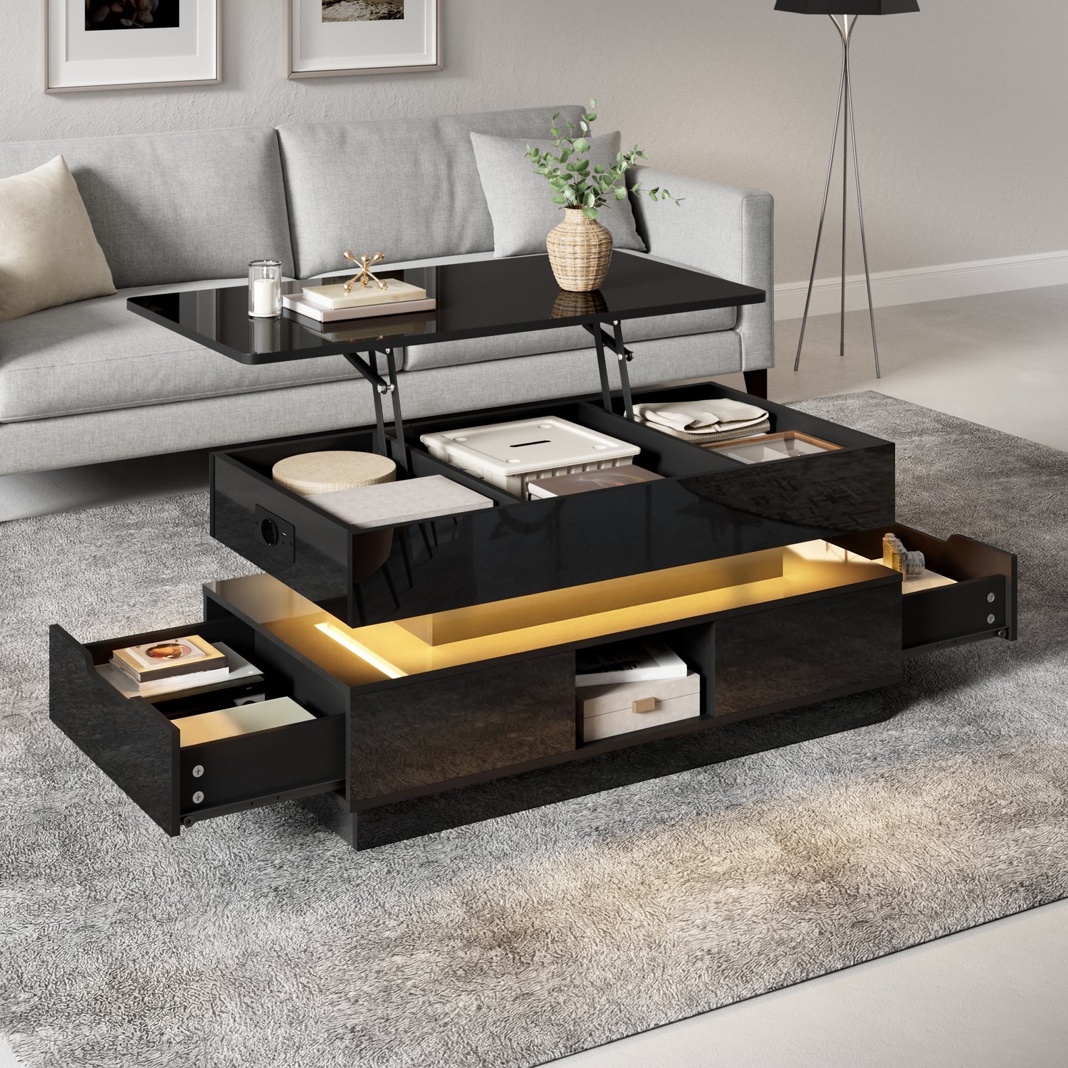 MEUNIQ Salontafel 90 x 48 x 42,5 cm met verstelbaar tafelblad, opbergruimte, lades, open vakken, ledverlichting en stopcontact, hoogglans zwart