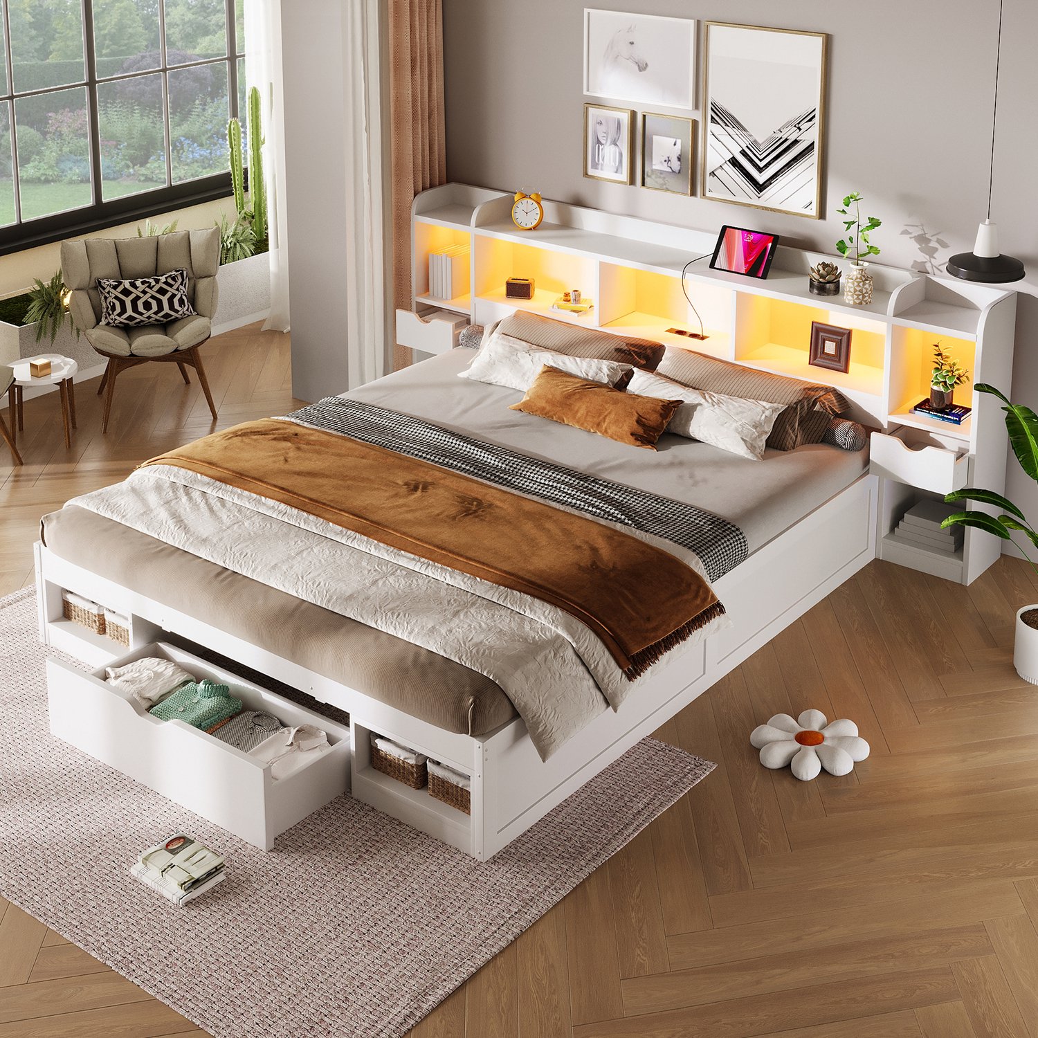 HAUSS SPOLE Bedframe 180x200 cm - Tweepersoonsbed met Boekenkast als Hoofdbord - Opbergruimte en Verlichting - Zonder Matras - MDF - Wit