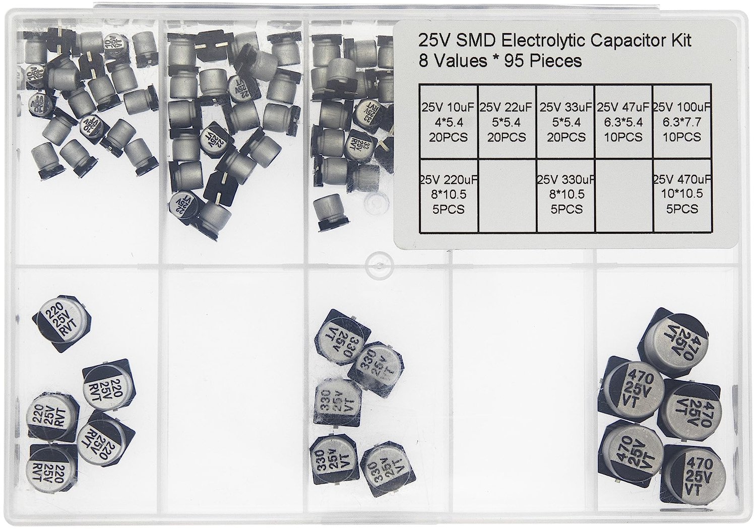 Set van 95 SMD Electrolytische Condensatoren 25V 10uF tot 470uF