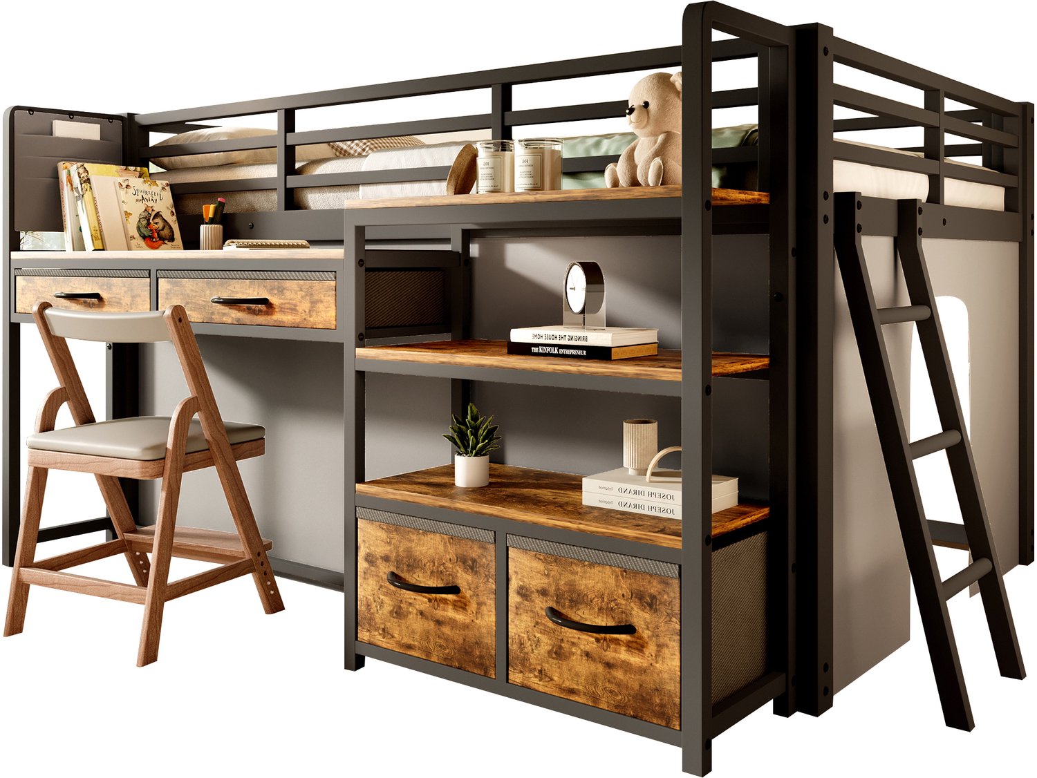 REDOM Hoogslaper 140x200 cm - Met bureau, stoffen lades, open vakken en LED-verlichting - Zwart