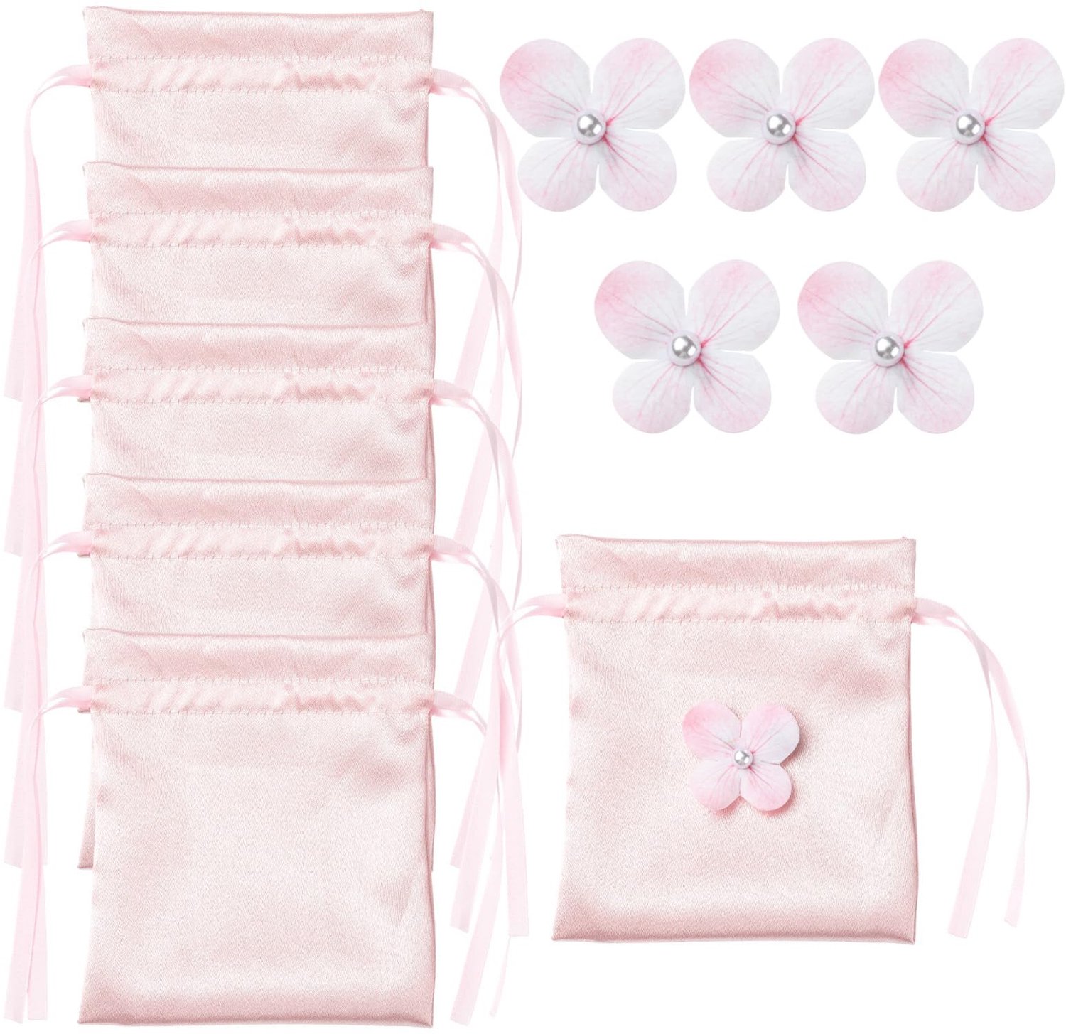 Roze Satijnen Zakjes - 5 stuks met Bloem Decoratie - 15x15 cm