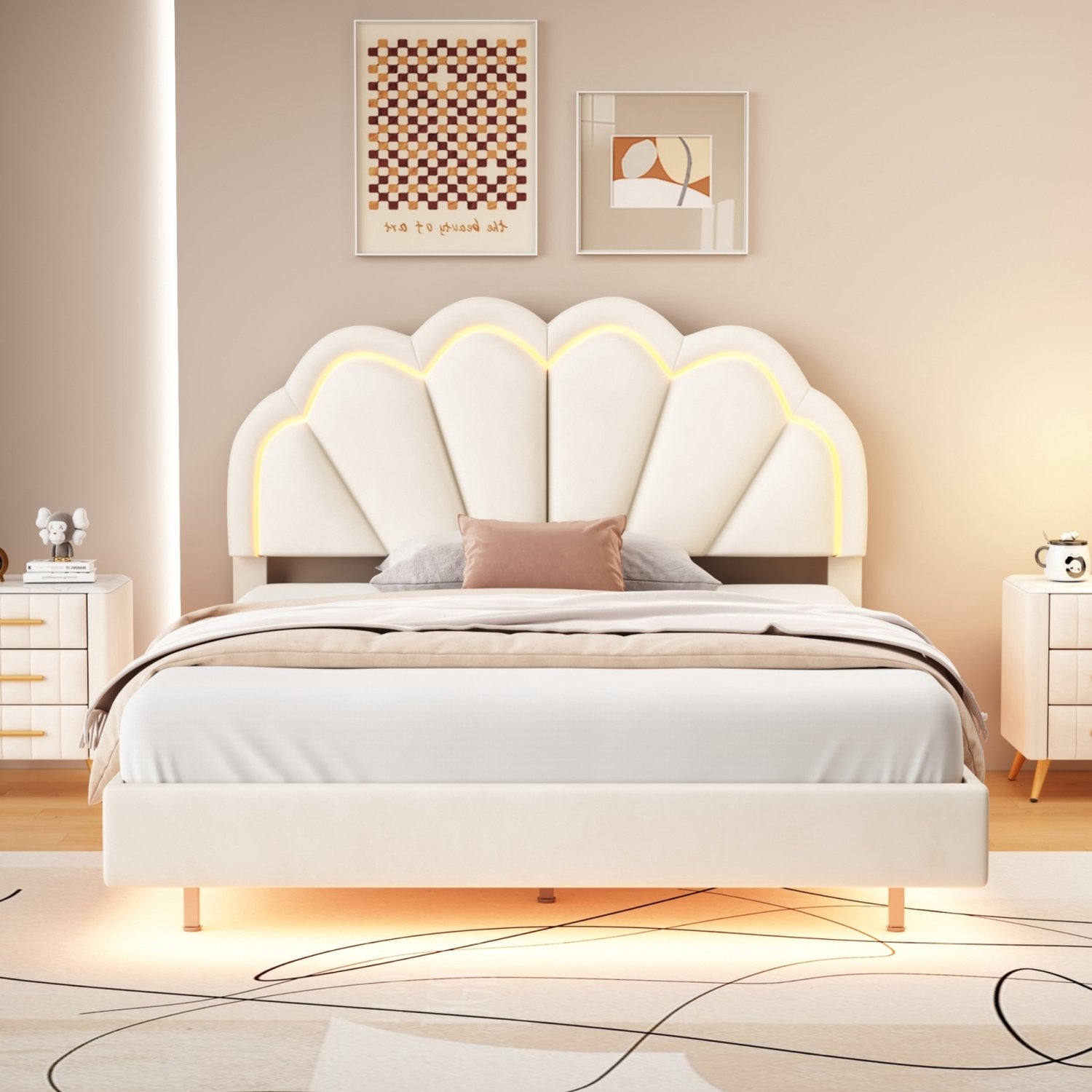 ROSAHQNDA Kinderbed 140x200 cm, tweepersoonsbed met LED-verlichting en bloemvormig hoofdbord, gestoffeerd bed met lattenbodem, fluweel, beige, zonder matras