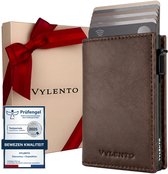 Bruine Vylento pasjeshouder met uitschuifbare kaarten, cadeaubox en officieel kwaliteitslabel.