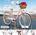 Roze Milord damesfiets met mand, witte details, LED-verlichting, comfortabel zadel en terugtraprem.