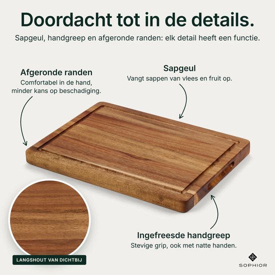 SOPHIOR Houten Snijplank Acacia - 35x25x2,5 cm - Met Sapgeul en Handvaten — cadeau in Kookcadeaus - foto 2
