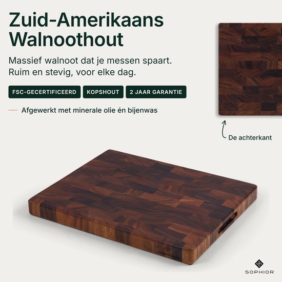 Massieve Zuid-Amerikaans walnoothouten snijplank met kopshout patroon, FSC-gecertificeerd en 2 jaar garantie.