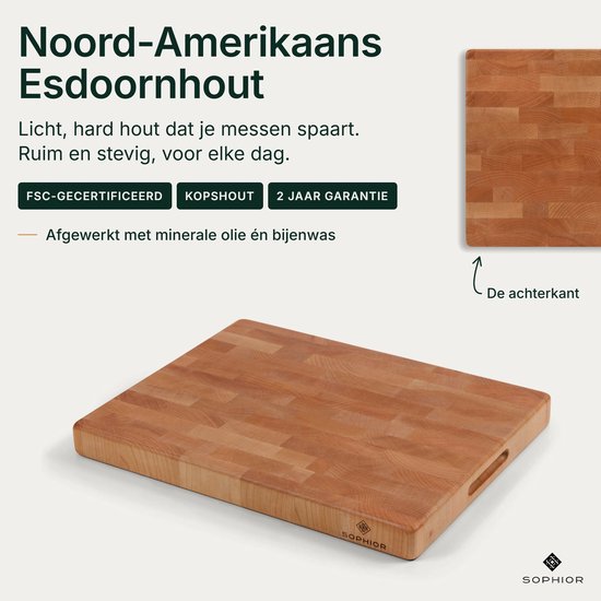 SOPHIOR Houten Snijplank Esdoorn Kopshout - Hakblok 45x35x4 cm - Met Handvaten — cadeau in Kookcadeaus - foto 2