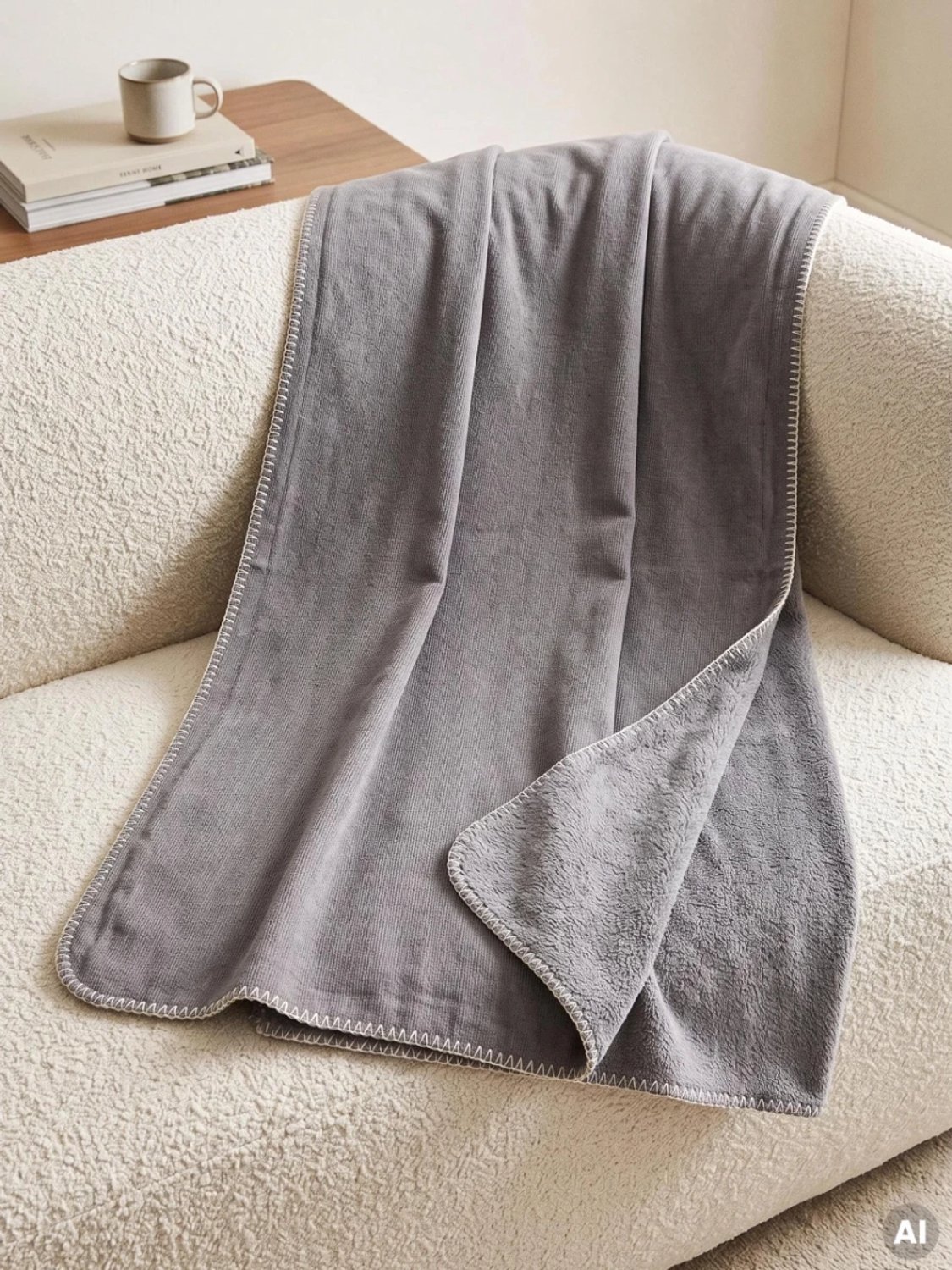 Homla Blanket - ELVANA - soft grey with a corduroy texture and contrasting edging - 150x200cm - 782657