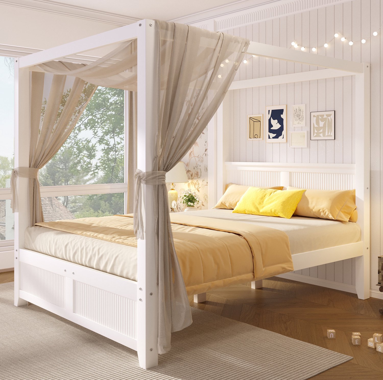 HAUSS SPOLE Hemelbed 140x200 cm - Houten Bed met Open Dakframe en Verticale Latten - Naar Wens te Decoreren - Hout en MDF - Zonder Matras - Wit