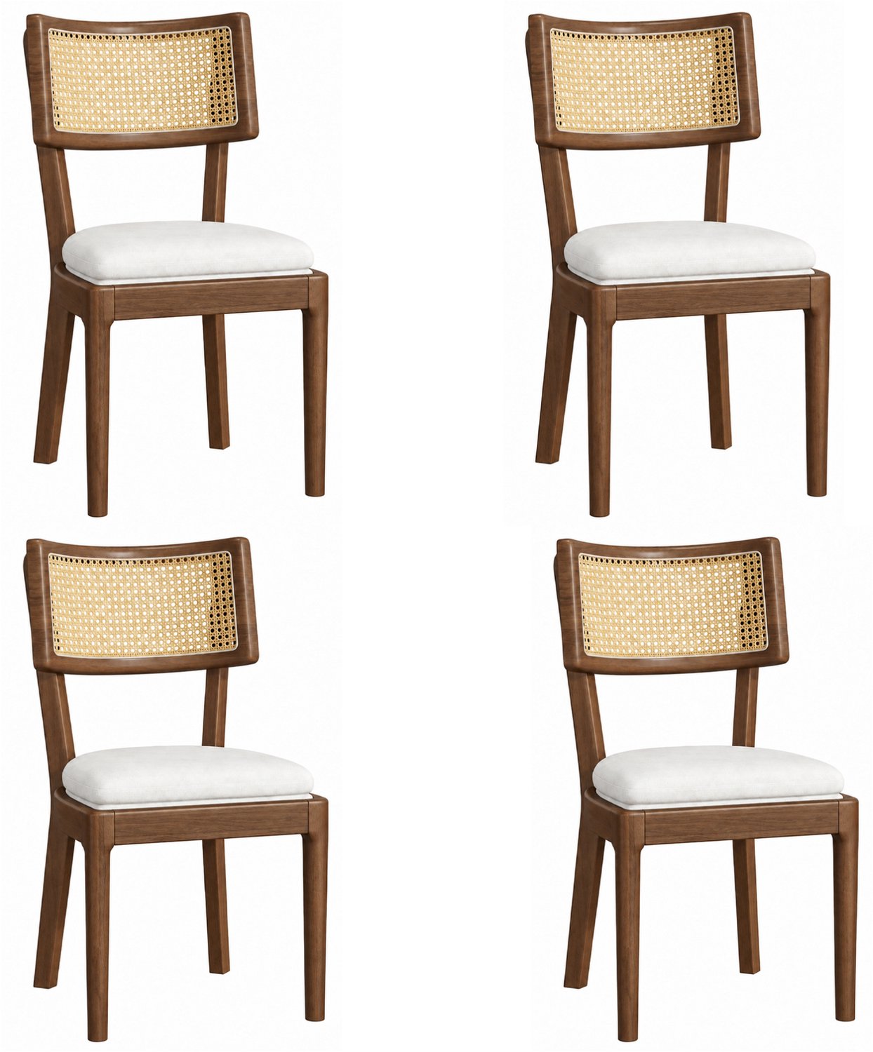 HAUSS SPOLE Eetkamerstoelen - Set van 4 - Rotan Rugleuning en Zachte Linnen Zitting - Voor Eetkamer en Woonkamer - Hout - Walnootkleur en Beige