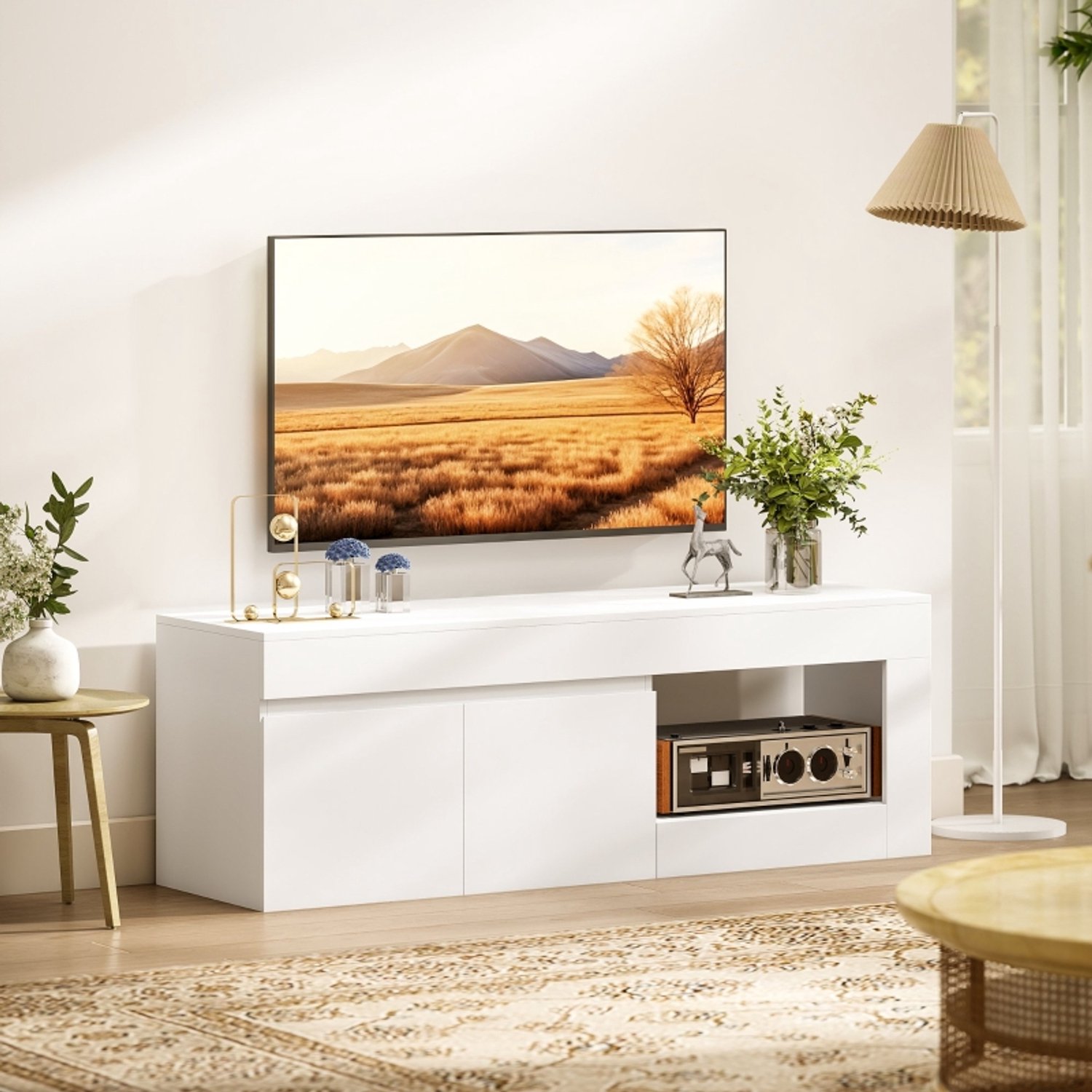 STILVORA Tv-Meubel - 2 Deuren Met Zachte Sluiting En Open Vak - Voor Woonkamer En Tv Tot 60 Inch - Spaanplaat - Wit - 140x40x48 Cm