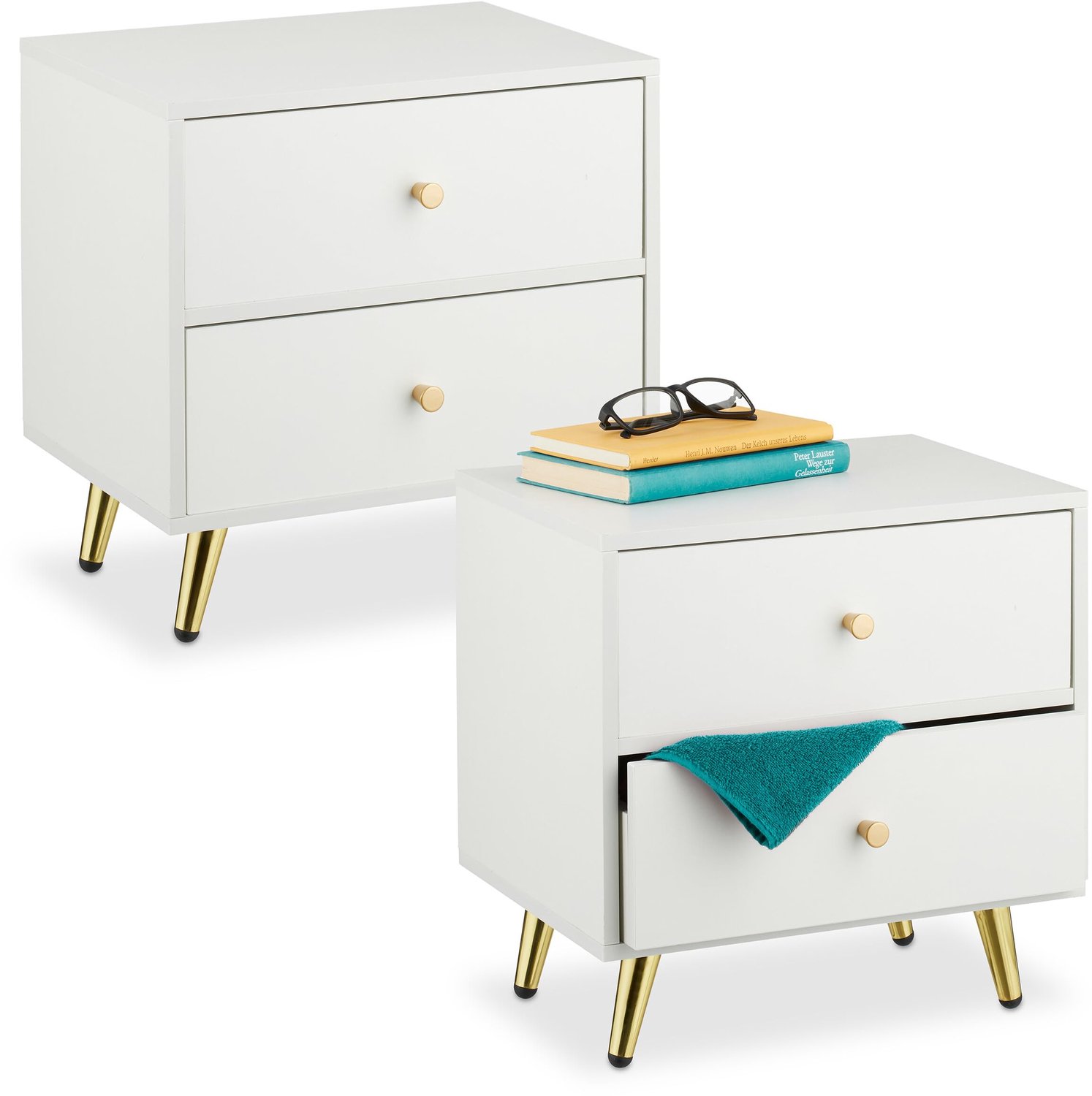 Bedside Table met 2 Lades en Gouden Poten voor de Slaapkamer