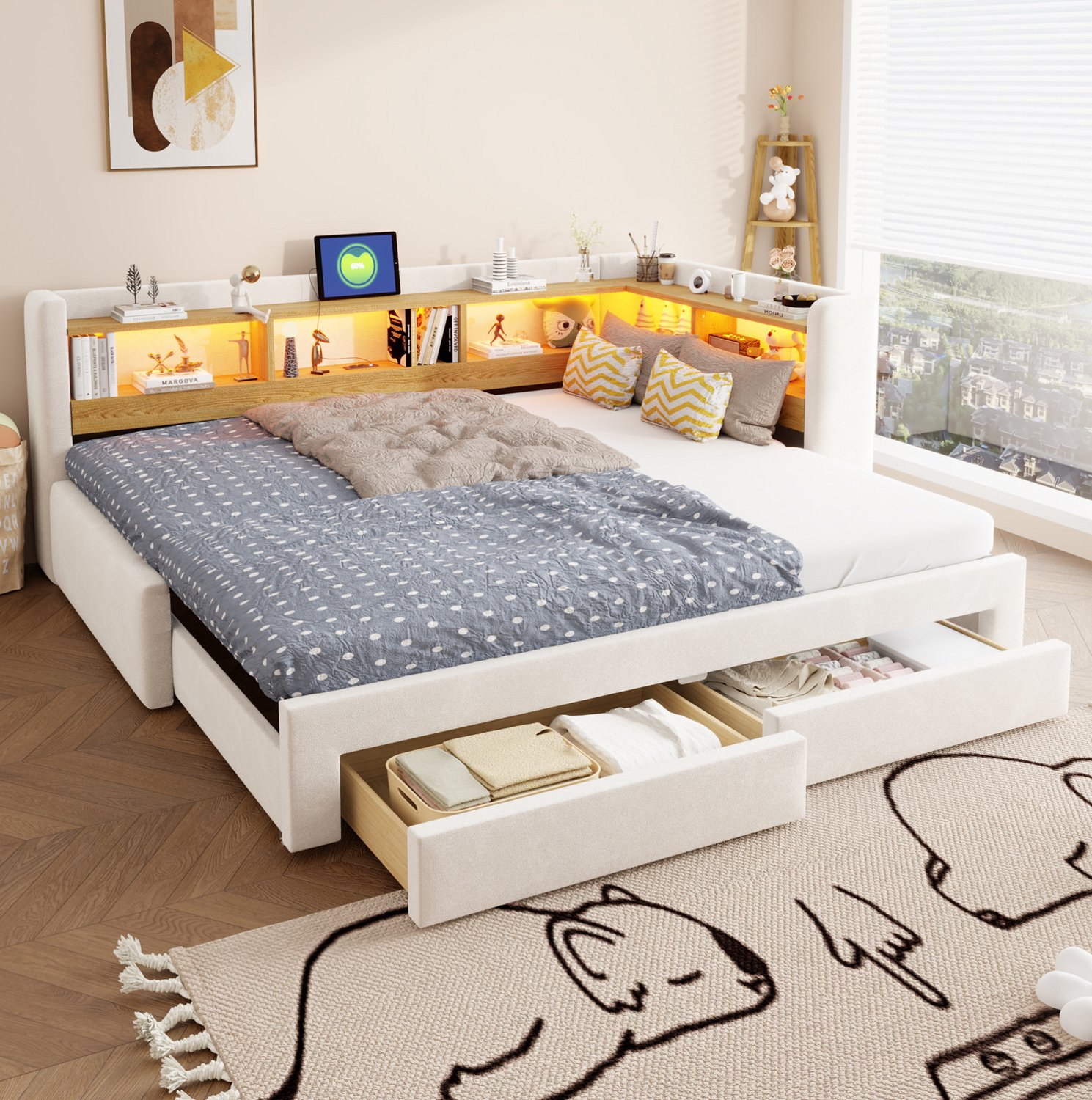 HAUSS SPOLE Slaapbank 90x200 cm - Uitschuifbaar tot 180x200 cm - Met Lades en Opbergvakken - Met Verlichting en Stopcontact - Zonder Matras - Beige en Grijs Wit