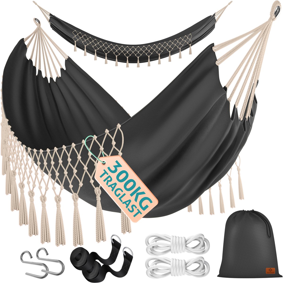 KESSER® Hangmat 300kg belastbaar 320x150cm max. belasting 300 kg , 1-2 personen , ademende franjes weerbestendig camping tuin doek hangmat multi-persoon - Antraciet
