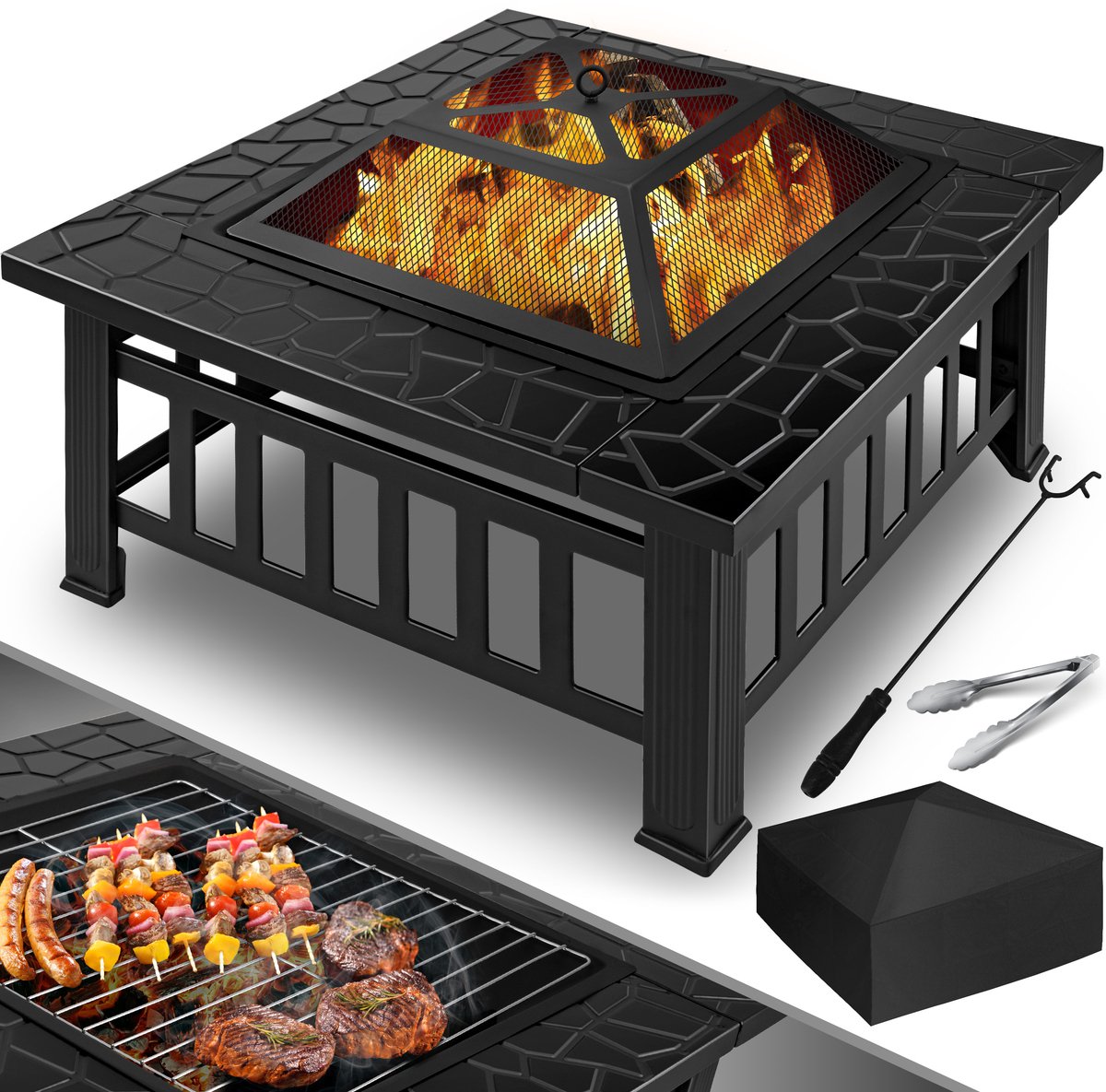 KESSER® Vuurschaal 3-in-1 met grillrooster, grilltang en vonkenscherm - 82 x 82 x 50 cm - Zwart