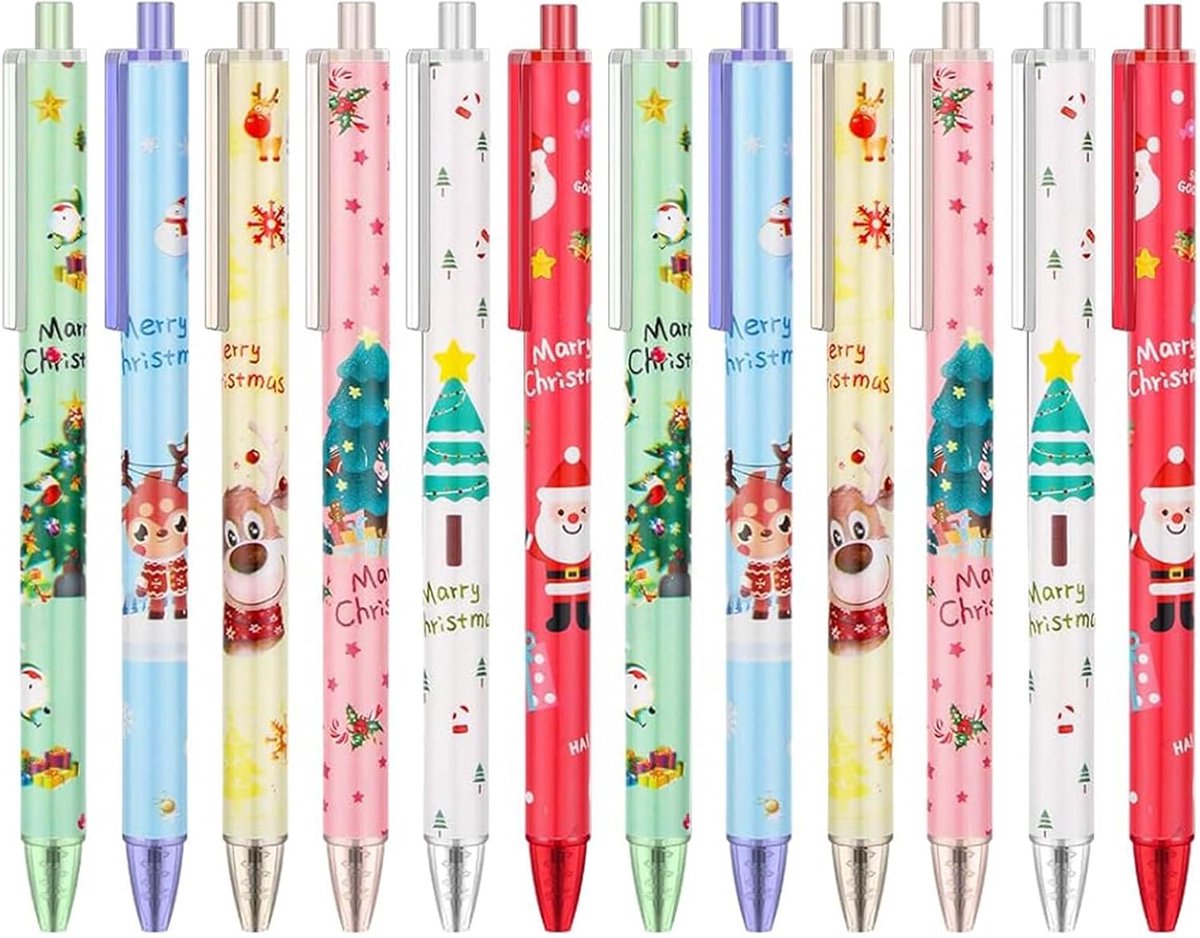 12 Stuks Kerst Zwarte Gel Inkt Rollerball Intrekbare Balpennen voor Kinderen Volwassenen School Beloningen Studenten Kantoorbenodigdheden Xmas Kerst Stationaire Sets Nieuwigheid Pennen Party Gift Bag