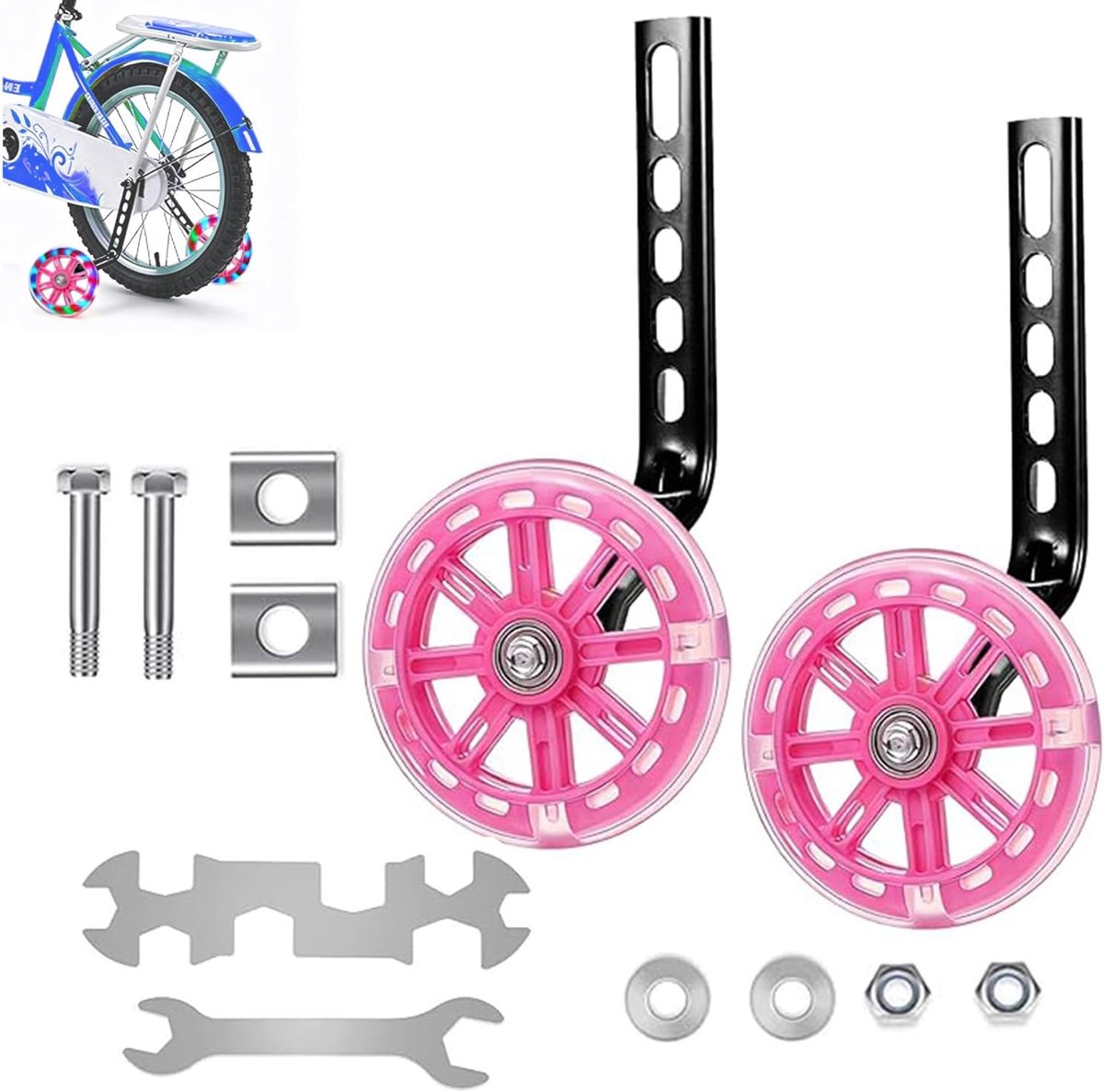 Kinderfiets, 2 stuks universele steunwielen, hulpwielen met flitswielen, demping, veiligheidssteunwielen, instelbaar voor 12, 14, 16, 18, 20 inch Single Speed Bike voor kinderen
