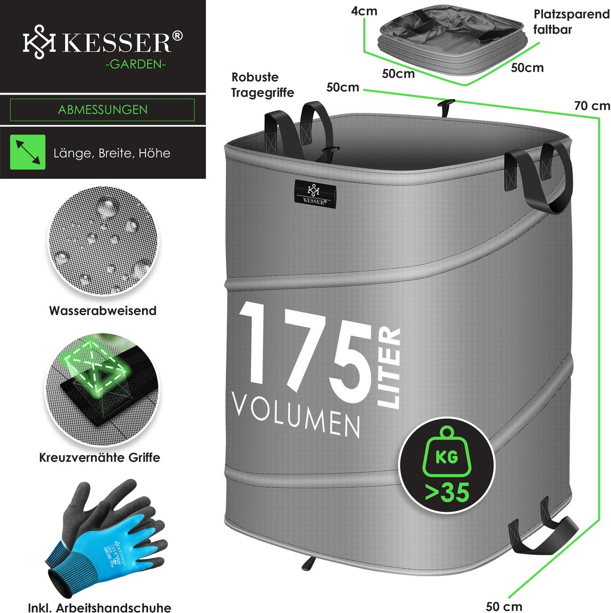 KESSER® Pop-up tuinzak set van 3 x 175 liter - Zelfstaand en opvouwbaar - Met handschoenen - Grijs/zwart