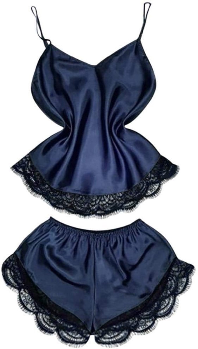 Klassiek Bh set Jarretellegordel en Kous LingeriePyjama Dames Sexy Kanten Pyjama Set Diepe V-hals Nachtkleding Lingerie Verleiding Zijde Satijn Pijamas-Navy_L