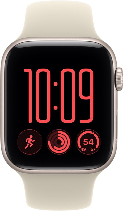 Apple Watch SE met beige band, toont de tijd 10:09 en activiteitentrackers.