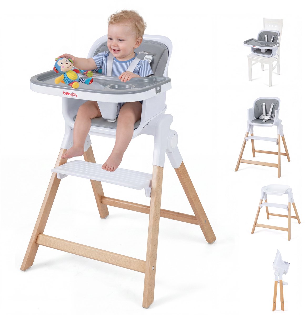 COSTWAY 4-in-1 Babykruk inklapbaar, Kinderstoel met dienblad (Grijs)