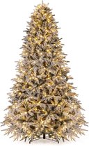 Kunstdennenboom met sneeuw en warme ledlampjes, staand op een metalen standaard.