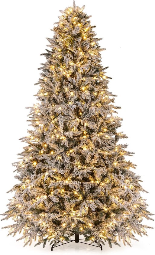 COSTWAY 240 cm Kunstkerstboom 1646 takken - met sneeuw en verlichting - Kunststof dennenboom PE & PVC - met 460 LEDs - Kerstboom voor Kerstmis - wit groen