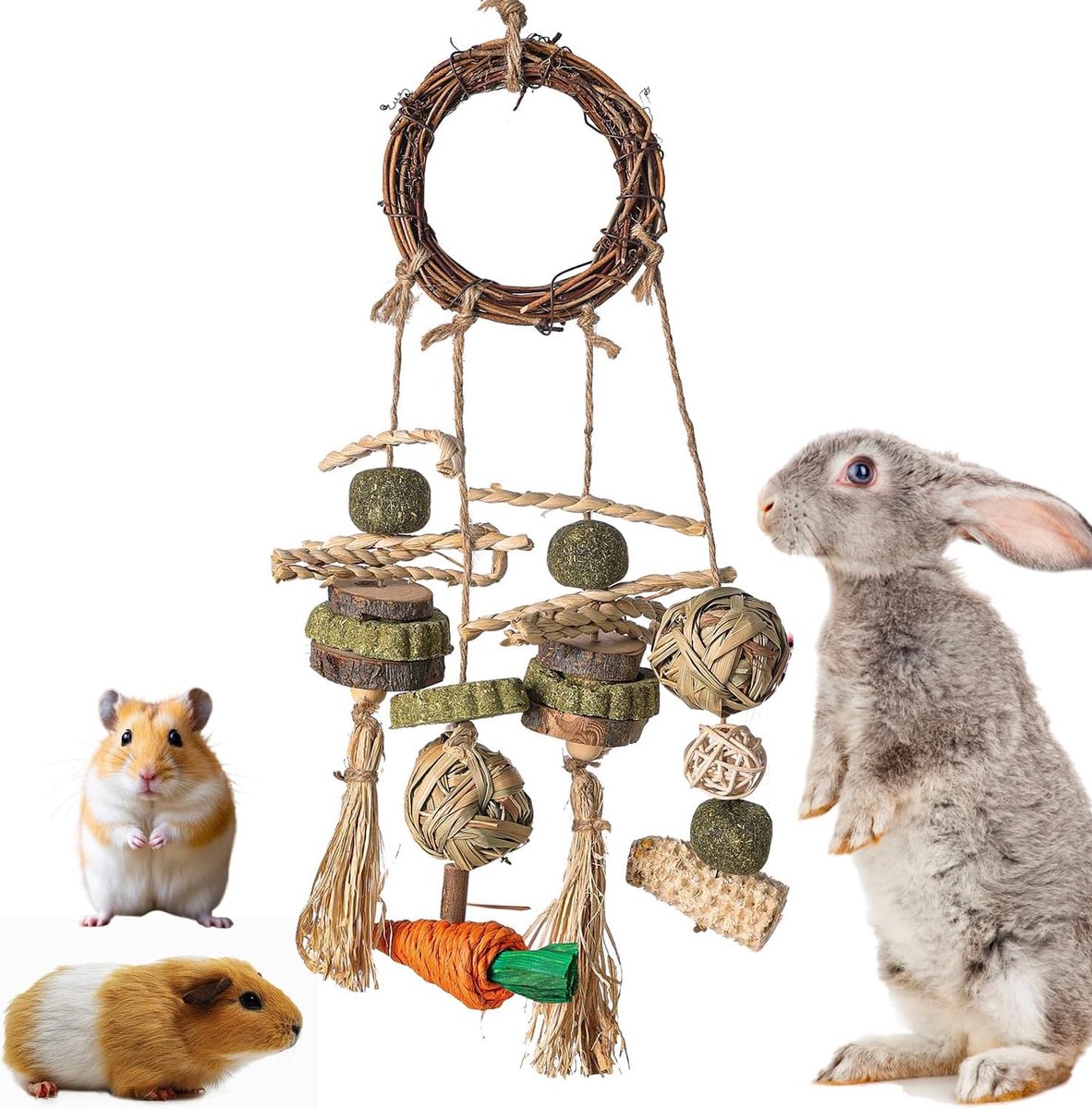 Speelgoed, kauwspeelgoed voor konijnen, kleine dieren, molaire tandverzorging, houten rotan bijtspeelgoed voor cavia's, hamsters, konijnen, knaagdieren
