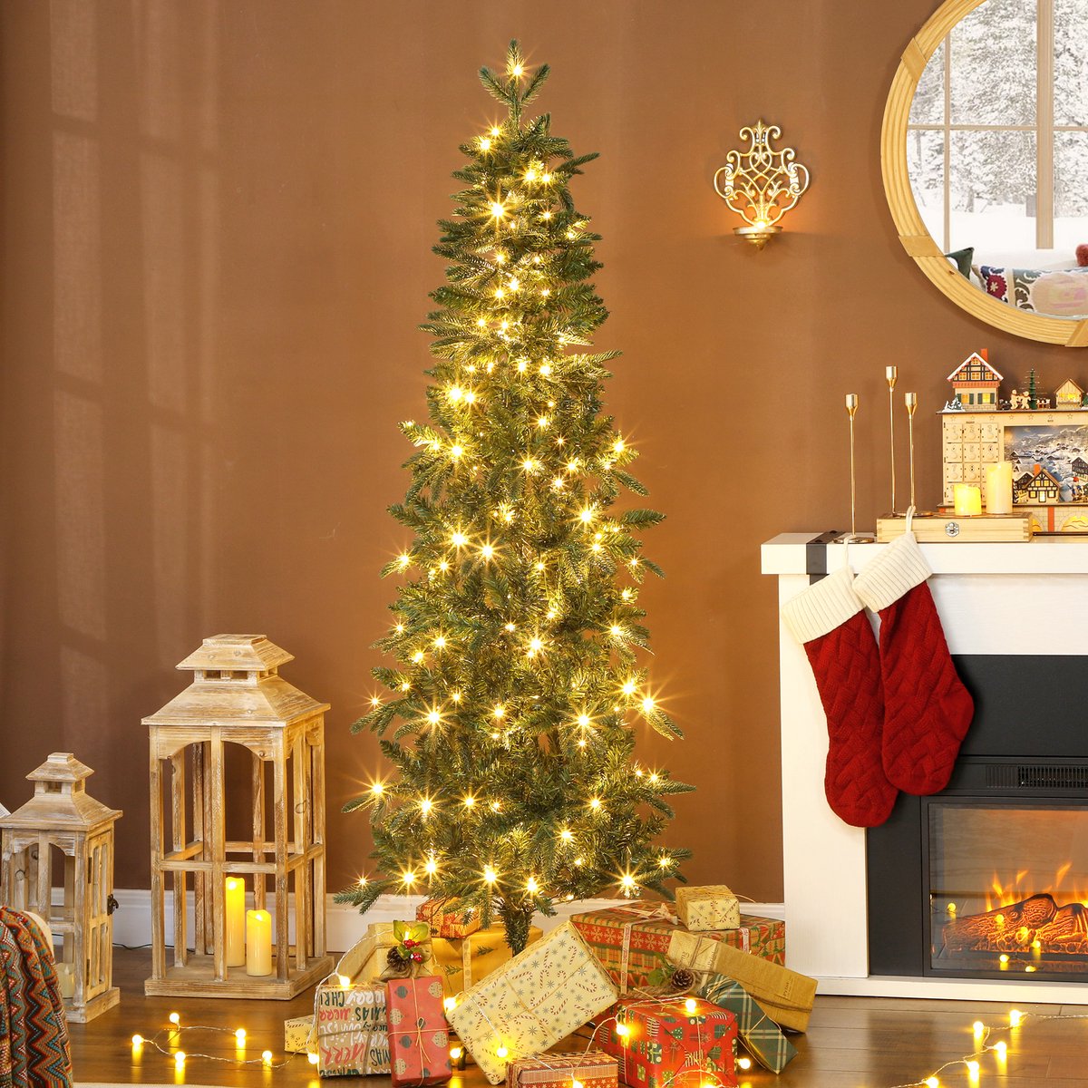 Smalle kunstkerstboom - 180 cm - 200 LED - 605 takpunten - 8 lichtstanden - scharnierconstructie - groen - voor kleine ruimtes – foto 6