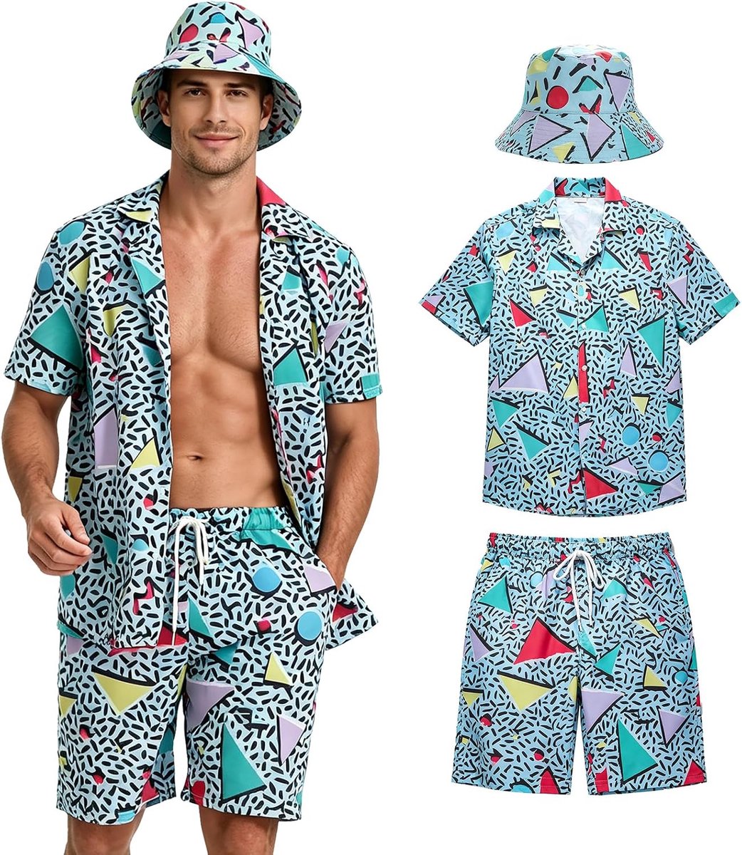 80 Hiphop T-shirts en shorts voor heren, 3-delige retro jaren 80-90 hiphop sportkleding, schelppak voor heren, verkleedkostuum voor strandfeest, muziekfestival, carnaval, disco