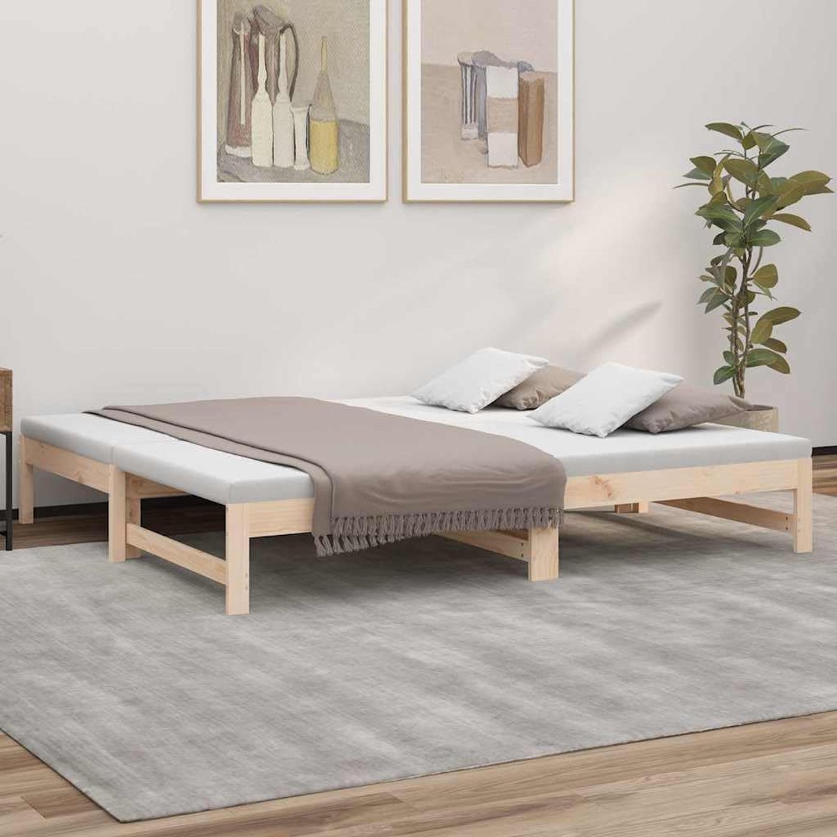 Grenenhout uitschuifbaar logeerbed 2x75x190 cm naturel